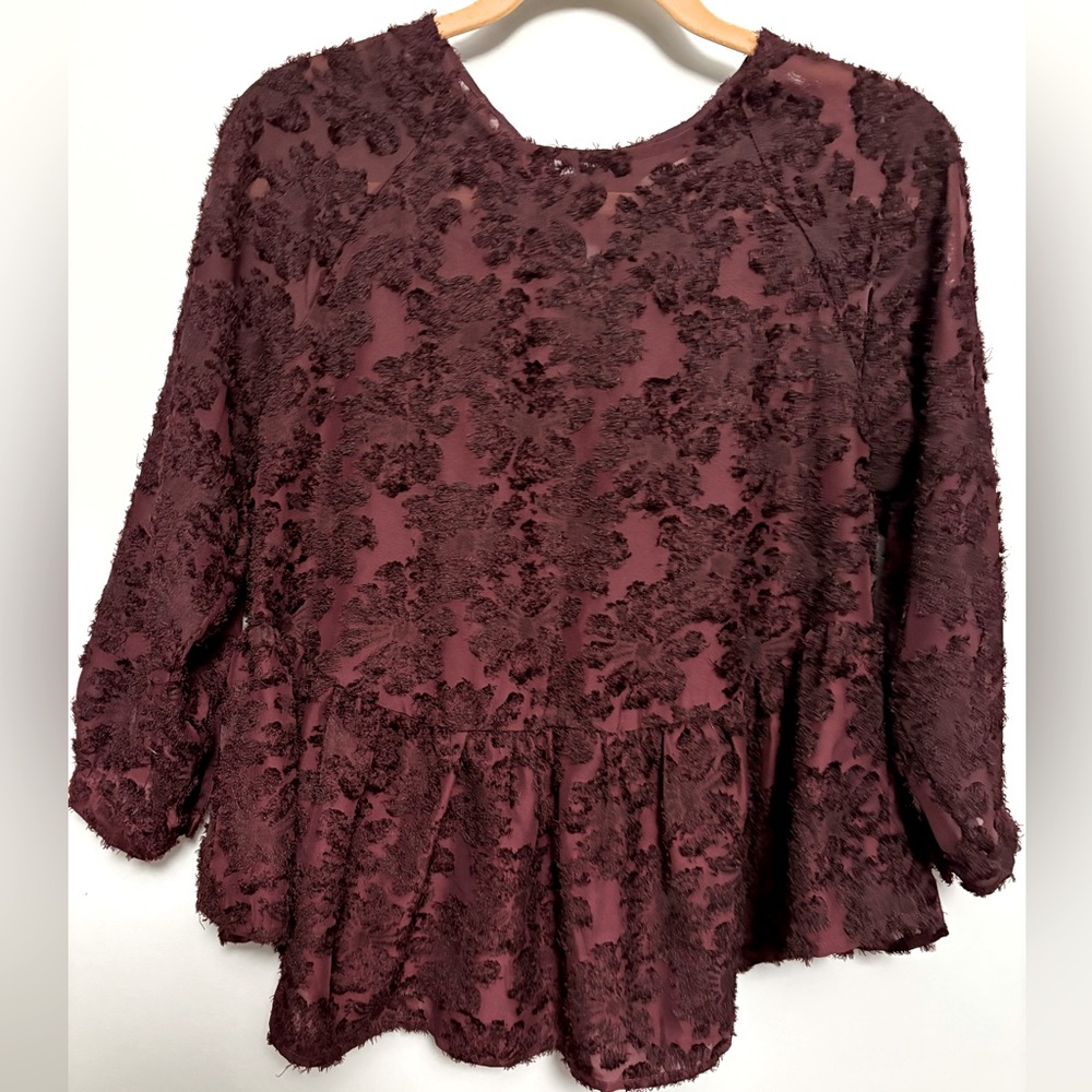 Altar’d State gorgeous dark burgundy cutout velvet blouse with ties in the back